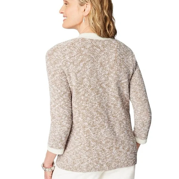 J. Jill Wearever Contrast Trimmed Knit Cardigan Jacket in Camel/Porcelain - M